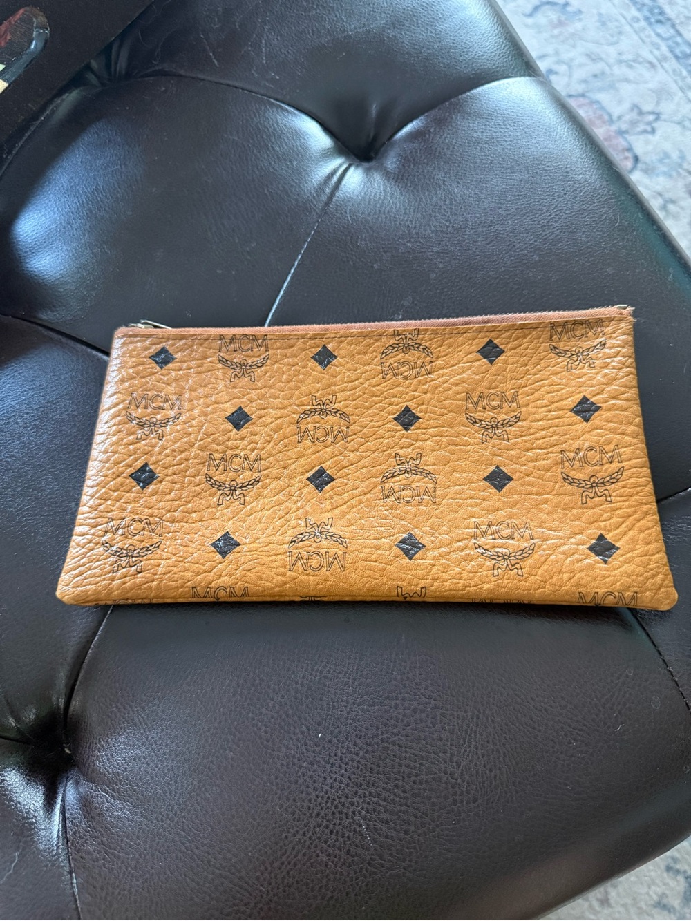 Vintage MCM Cognac Visetos Logo Zip Pouch Cognac with Black Accents 9”x5”